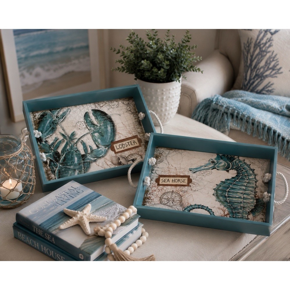Coastal Nautical Decorative Tray Set Seahorse & Lobster Wood Rope Handles 17x12